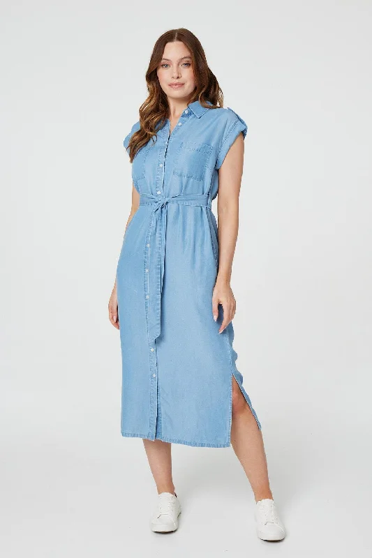 Dresses with Sequined Star Motifs and Sheer Sleeve for Ladies' Celestial and Flirty LookDenim Side Split Midi Shirt Dress