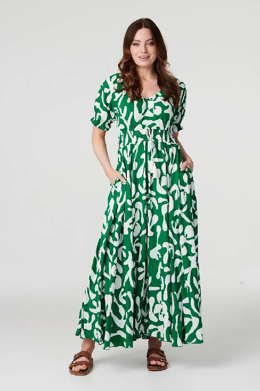 Dresses with Tiered Skirts for Ladies' Playful LookPrinted Puff Sleeve Maxi Dress