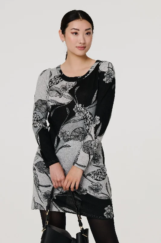 Gothic Style Dresses for Ladies with Black Lace AccentsFloral Long Sleeve Jersey Shift Dress Gothic Style Dresses for Ladies with Black Lace AccentsFloral Long Sleeve Jersey Shift Dress