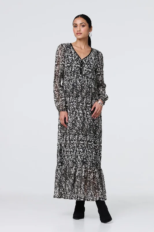 Vintage Inspired Tea Length Dresses for Ladies with Ruffled CollarLeaf Print Long Sleeve Relaxed Maxi Dress Vintage Inspired Tea Length Dresses for Ladies with Ruffled CollarLeaf Print Long Sleeve Relaxed Maxi Dress