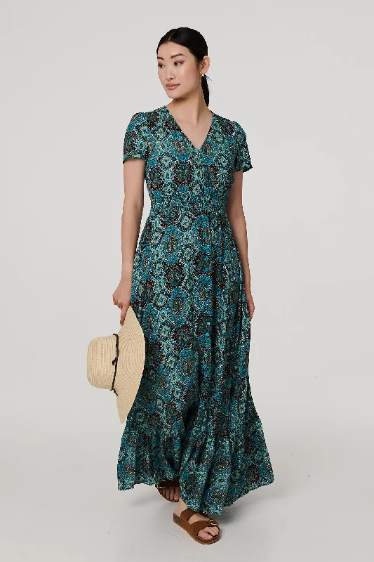 Dresses with Satin Trimmed Collar for Ladies' Classic LookMosaic Print Short Sleeve Smock Maxi Dress Dresses with Satin Trimmed Collar for Ladies' Classic LookMosaic Print Short Sleeve Smock Maxi Dress