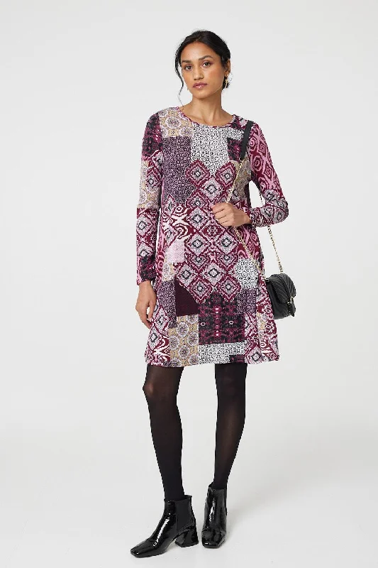 Dresses with Beaded Floral Wreath on the Bodice and High Low Hem for Ladies' Delicate and Dramatic LookPatchwork Long Sleeve Short Swing Dress Dresses with Beaded Floral Wreath on the Bodice and High Low Hem for Ladies' Delicate and Dramatic LookPatchwork Long Sleeve Short Swing Dress