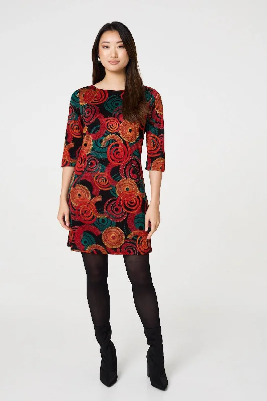 Dresses with Pleated Skirts and Lace Overlay for Ladies' Feminine and Timeless LookAbstract 3/4 Sleeve Short Shift Dress Dresses with Pleated Skirts and Lace Overlay for Ladies' Feminine and Timeless LookAbstract 3/4 Sleeve Short Shift Dress