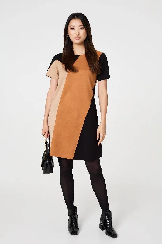 Dresses with Satin and Lace Trimmed Neckline for Ladies' Sophisticated LookColour Block Short Sleeve Short Dress Dresses with Satin and Lace Trimmed Neckline for Ladies' Sophisticated LookColour Block Short Sleeve Short Dress