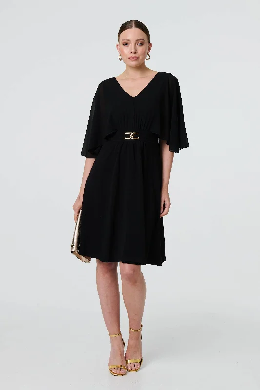 Dresses with Sequined Bodice and Chiffon Overlay for Ladies' Elegant ContrastBelt Detail 1/2 Batwing Sleeve Dress