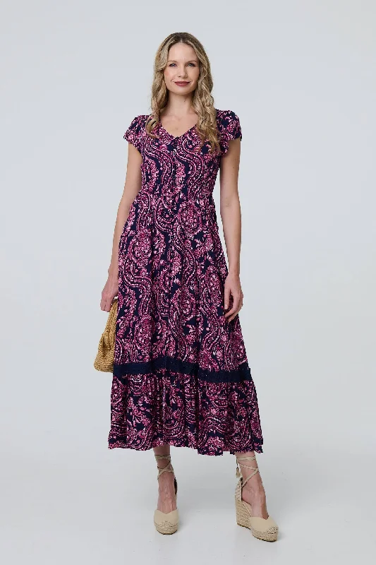 Tube Dresses with Beaded Waistband for Ladies' Simple and Chic StylePaisley Cap Sleeve Lace Trim Maxi Dress Tube Dresses with Beaded Waistband for Ladies' Simple and Chic StylePaisley Cap Sleeve Lace Trim Maxi Dress