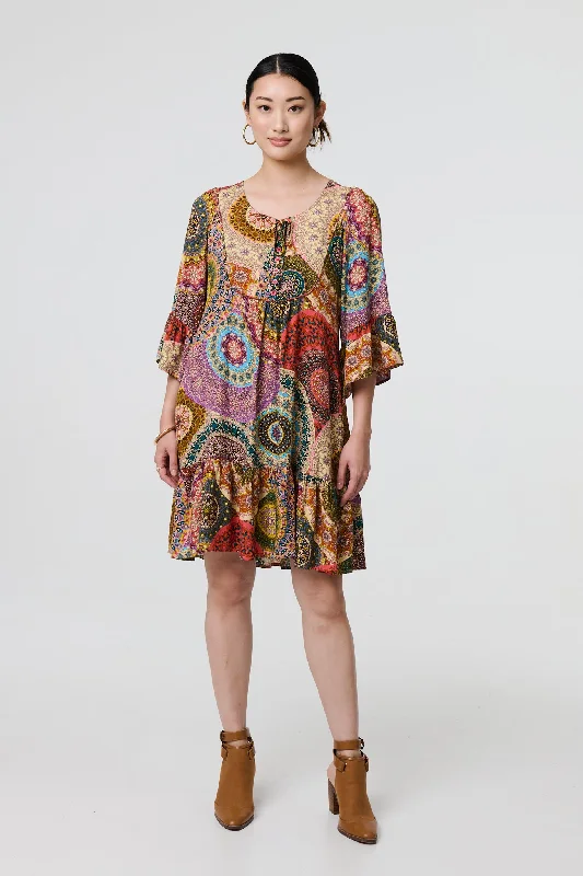 Embroidered Silk Dresses for Ladies' Elegant TouchKaleidoscope Print 3/4 Sleeve Short Dress Embroidered Silk Dresses for Ladies' Elegant TouchKaleidoscope Print 3/4 Sleeve Short Dress