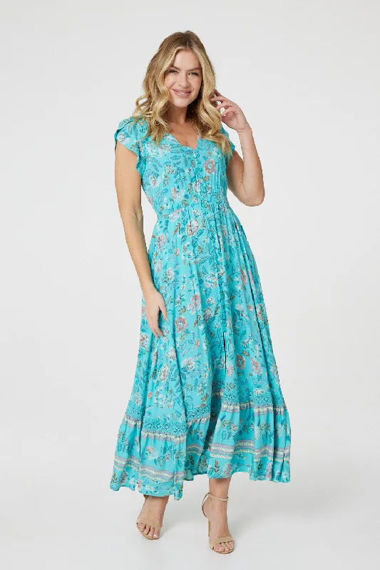 Dresses with Beaded Waistbands and Tiered Skirts for Ladies' Glamorous and Feminine LookFloral Border Print V-Neck Dress