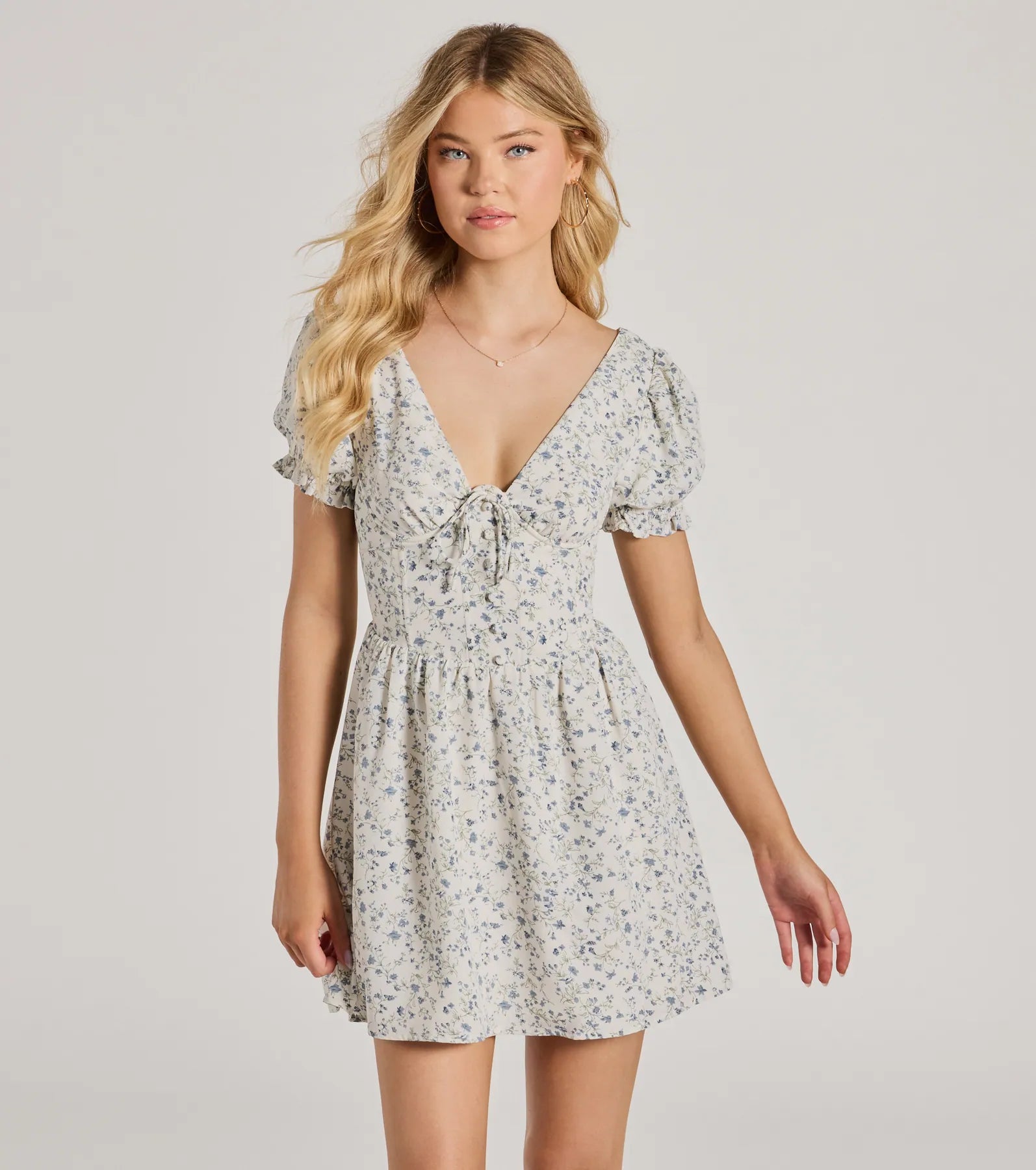 Dresses with Lace Insertions on the Skirt for Ladies' Feminine and Elegant LookDarling Babe Floral Woven Puff Sleeve Skater Dress