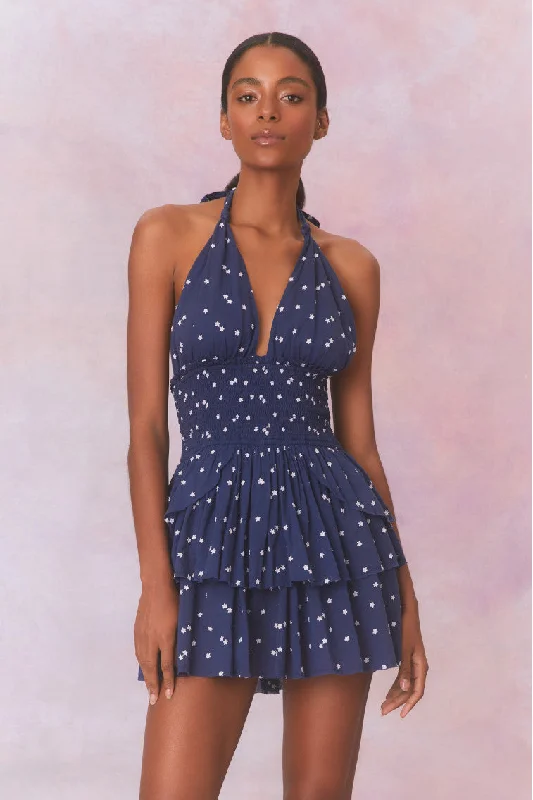 Dresses with Sequined Floral Motifs for Ladies' Elegant and Delicate LookDeanna Star Print Cotton Halter Mini Dress-NAVY NIGHTFALL Dresses with Sequined Floral Motifs for Ladies' Elegant and Delicate LookDeanna Star Print Cotton Halter Mini Dress-NAVY NIGHTFALL