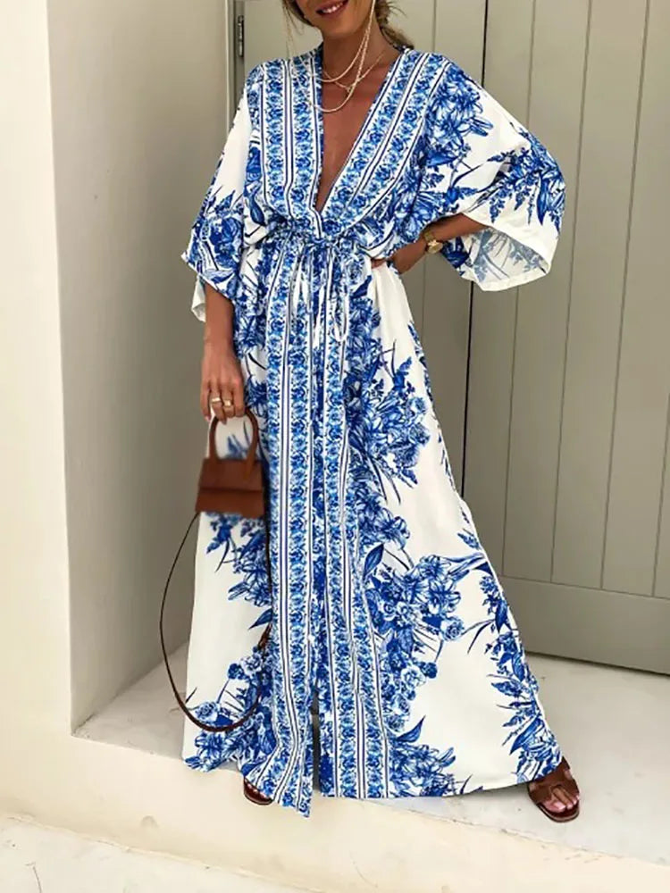 Embroidered Silk Dresses for Ladies' Elegant TouchAmy Fashion - Deep V Neck Waist Drawstring Spring Pattern Vintage Boho Dress Embroidered Silk Dresses for Ladies' Elegant TouchAmy Fashion - Deep V Neck Waist Drawstring Spring Pattern Vintage Boho Dress