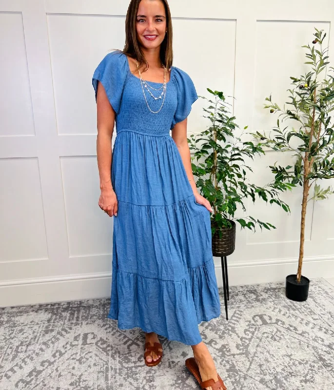 Princess Style Tulle Dresses for Ladies' Weekend BrunchDenim Shirred Bodice Tiered Dress Princess Style Tulle Dresses for Ladies' Weekend BrunchDenim Shirred Bodice Tiered Dress