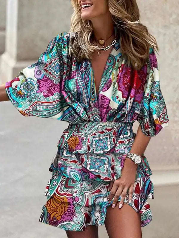 Sleeveless Georgette Dresses for Ladies with Printed PatternsDolman sleeve V-neck print irregular hem dress