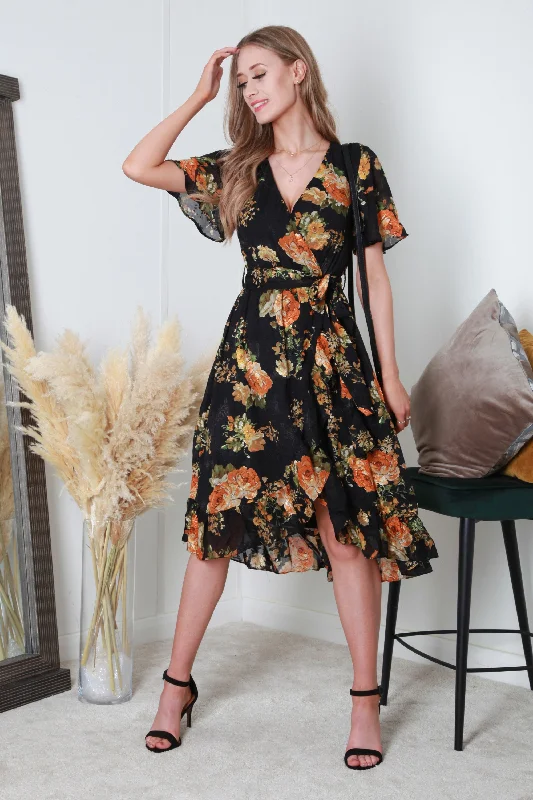 Long Sleeve Knit Dresses for Ladies' Winter ComfortDouble Second Black Orange Printed Dobby Midi Wrap Dress Long Sleeve Knit Dresses for Ladies' Winter ComfortDouble Second Black Orange Printed Dobby Midi Wrap Dress