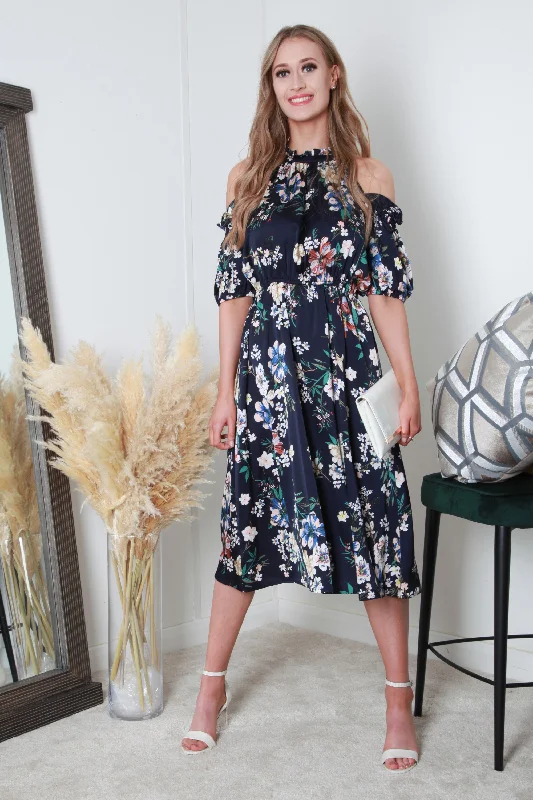 One Shoulder Dresses with Ruffled Sleeve for Ladies' Fashion StatementDouble Second Printed Cold Shoulder Floral Dress One Shoulder Dresses with Ruffled Sleeve for Ladies' Fashion StatementDouble Second Printed Cold Shoulder Floral Dress