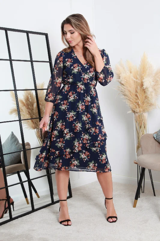Dresses with Sequined Bodice and Chiffon Overlay for Ladies' Elegant ContrastDouble Second Printed Navy Wrap Dress With Tiered Frill Detail