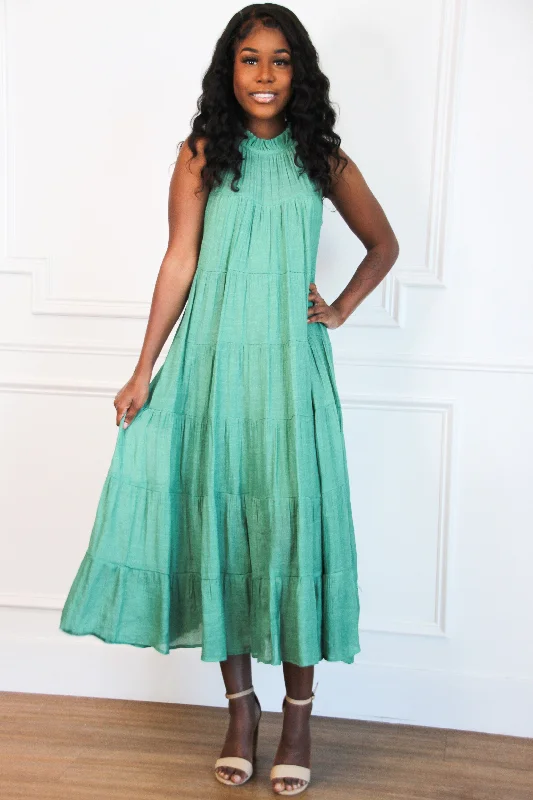 Tulle Dresses with Beaded Waistband for Ladies' Graceful LookEffortlessly You High Neck Maxi Dress: Jade