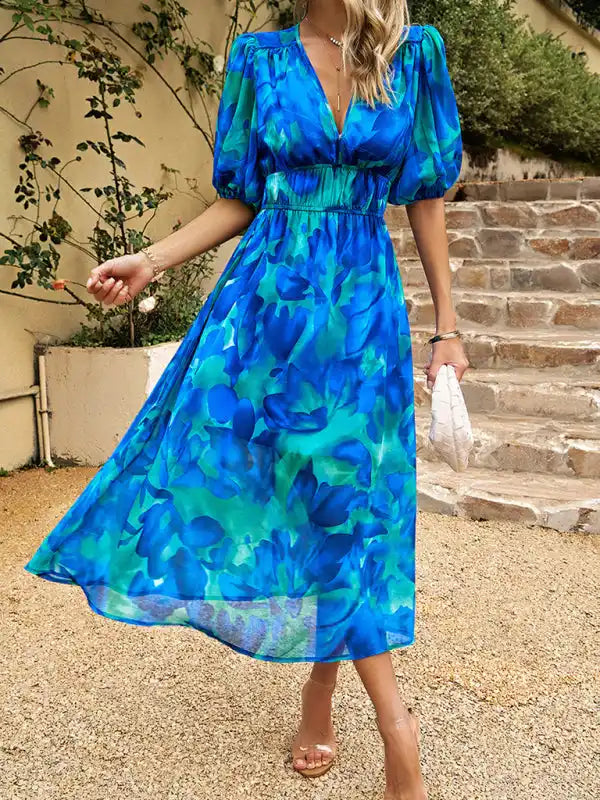 Dresses with Sheer Panels and Beaded Trim for Ladies' Sexy and Polished LookElegant waist V-neck holiday bohemian print dress Dresses with Sheer Panels and Beaded Trim for Ladies' Sexy and Polished LookElegant waist V-neck holiday bohemian print dress