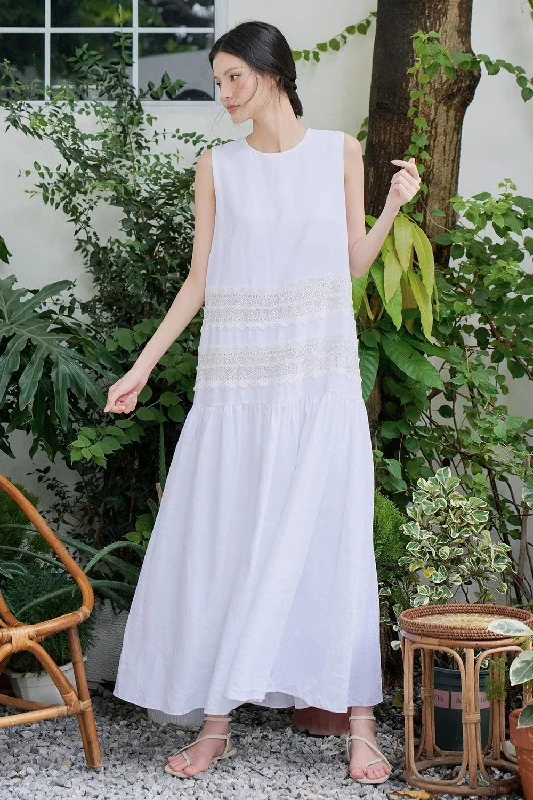 Dresses with Asymmetric Hem for Ladies' Unique StyleElli Drop Waist Round Neck Linen Maxi Dress