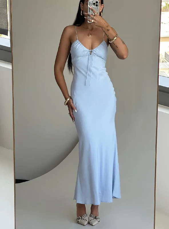 Dresses with Sequined Hearts and Ruffled Hem and Satin and Lace Combo and Bow at the Waist for Ladies' Romantic and Sweet LookEmily Maxi Dress Blue Dresses with Sequined Hearts and Ruffled Hem and Satin and Lace Combo and Bow at the Waist for Ladies' Romantic and Sweet LookEmily Maxi Dress Blue