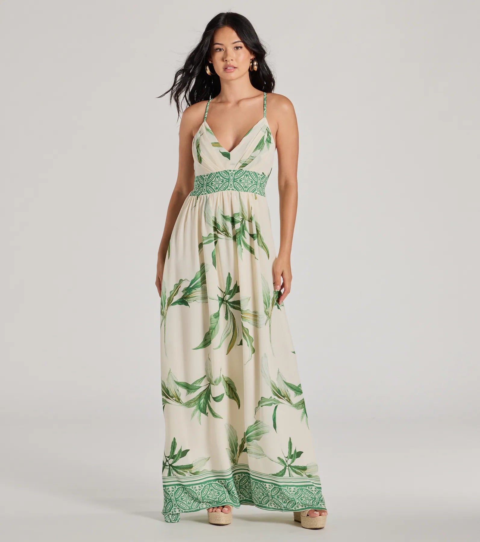 Satin Dresses with Embroidered Bodice for Ladies' Timeless LookFiji Feeling Sleeveless Lace-Up Tropical Maxi Dress