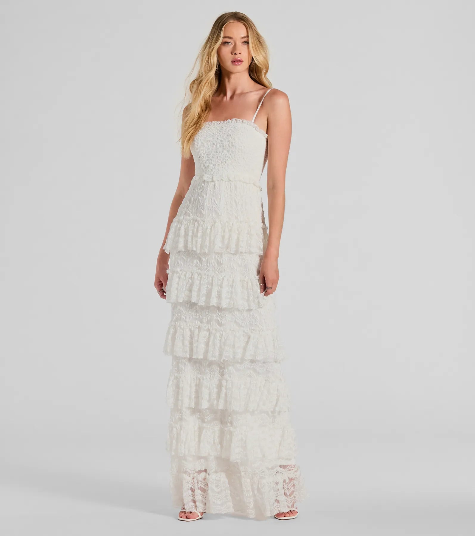 Dresses with Sheer Sleeve and Sequined Cuffs and Bow at the Waist for Ladies' Elegant and Sweet LookFollow Your Heart Sleeveless Ruffled Lace Maxi Dress