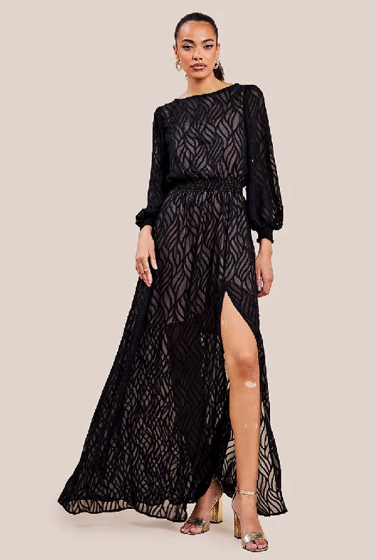 Dresses with Lace Insertions on the Skirt and Beaded Waistband for Ladies' Feminine and Glamorous LookGoddiva Chiffon Geo-Wave Front Split Maxi Dress - Black