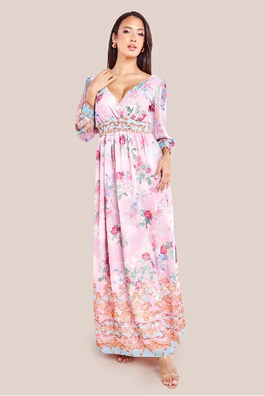 Dresses with Satin Trimmed Collar for Ladies' Classic LookGoddiva Chiffon Wrap Border Floral Print Maxi Dress - Pink