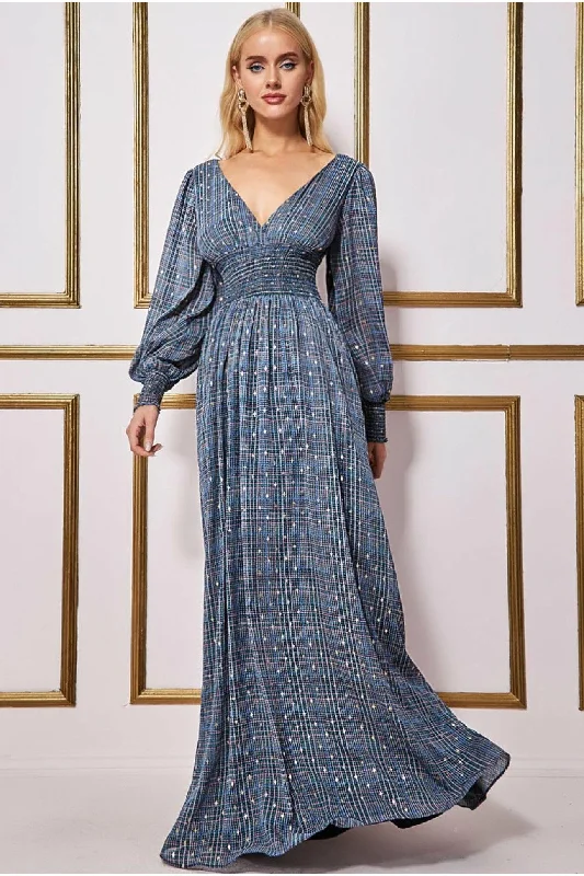 Dresses with Embroidered Stars and Sequined Dots for Ladies' Celestial and Playful LookGoddiva Long Sleeve Maxi Shirred Waistband - Check Print Dresses with Embroidered Stars and Sequined Dots for Ladies' Celestial and Playful LookGoddiva Long Sleeve Maxi Shirred Waistband - Check Print