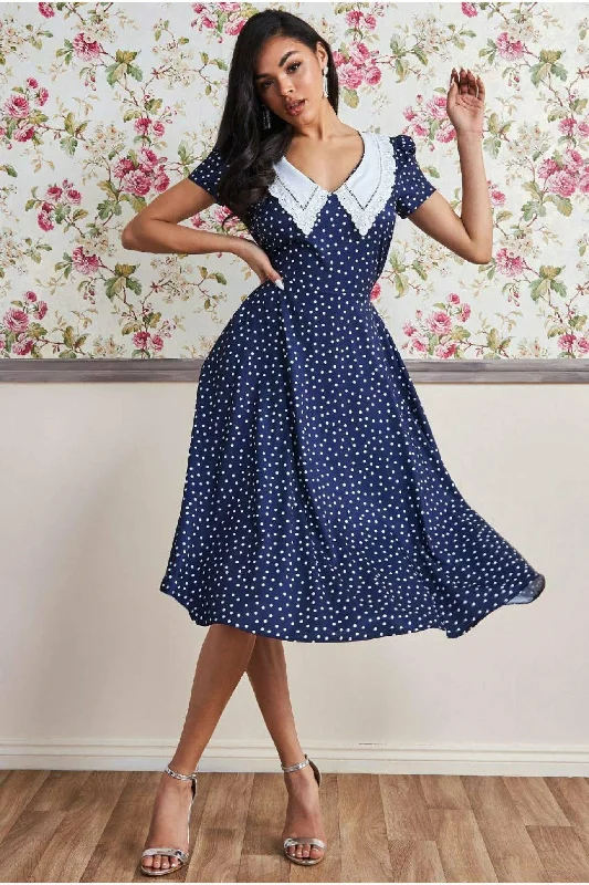 Plaid Dresses with Satin Trim for Ladies' Preppy StyleGoddiva Printed Tea Dress With Collar - Navy