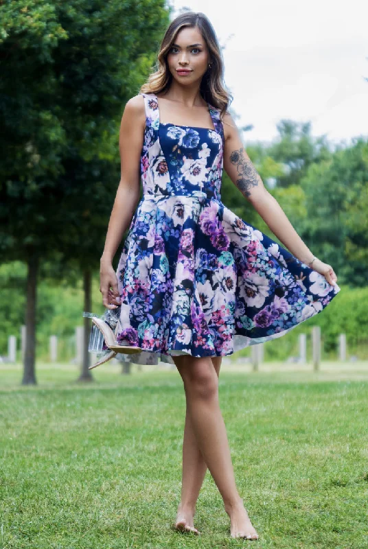 Dresses with Sequined Hearts and Ruffled Hem and Satin and Lace Combo and Bow at the Waist for Ladies' Romantic and Sweet LookGoddiva Scuba Foam Floral Skater Mini Dress - Navy