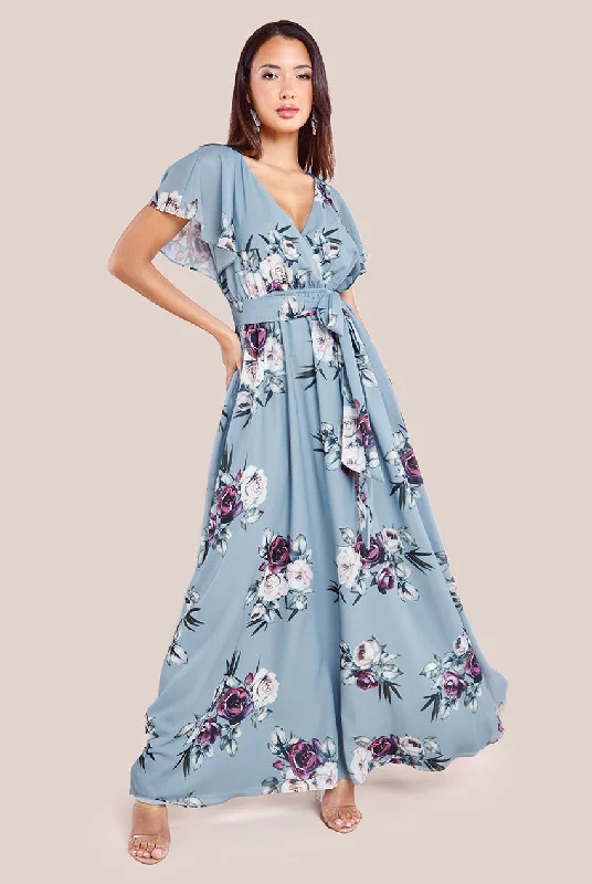 Dresses with Metallic Sequined Bodice for Ladies' Glamorous LookGoddiva Sustainable Printed Flutter Sleeve Maxi Dress - Airforce Blue