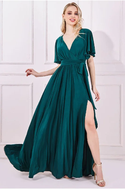 Dresses with Sheer Sleeve and Sequined Cuffs for Ladies' Elegant and Sparkly LookGoddiva Wrap Front Maxi With Flutter Sleeves - Emerald Green Dresses with Sheer Sleeve and Sequined Cuffs for Ladies' Elegant and Sparkly LookGoddiva Wrap Front Maxi With Flutter Sleeves - Emerald Green