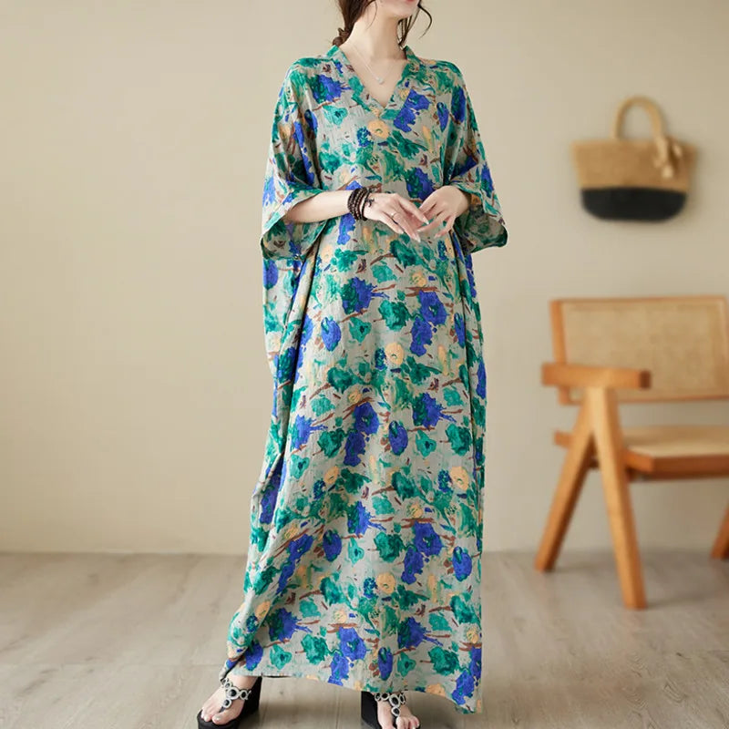 Dresses with Puff Sleeves for Ladies' Retro VibeAmy Fashion - Green Red Cotton Linen Print Batwing Sleeve Retro Boho Dress Dresses with Puff Sleeves for Ladies' Retro VibeAmy Fashion - Green Red Cotton Linen Print Batwing Sleeve Retro Boho Dress