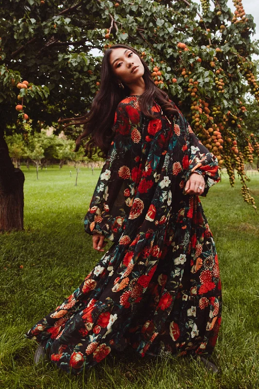 Dresses with Sheer Panels and Beaded Trim and Embroidered Paisley Patterns for Ladies' Sultry and Exotic LookImogen Dress in Moody Floral Dresses with Sheer Panels and Beaded Trim and Embroidered Paisley Patterns for Ladies' Sultry and Exotic LookImogen Dress in Moody Floral