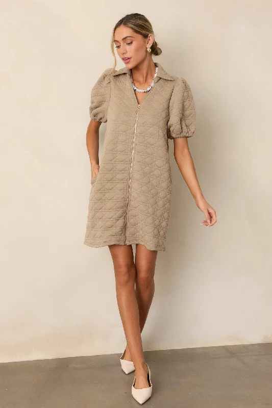 Dresses with Metallic Studs for Ladies' Edgy StyleIn A Trance Tan Quilted Zip-Up Mini Dress