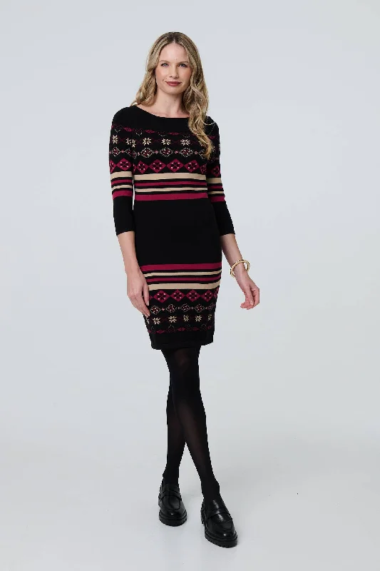 Tube Dresses with Beaded Waistband for Ladies' Simple and Chic StyleFair Isle Striped 3/4 Sleeve Short Dress Tube Dresses with Beaded Waistband for Ladies' Simple and Chic StyleFair Isle Striped 3/4 Sleeve Short Dress