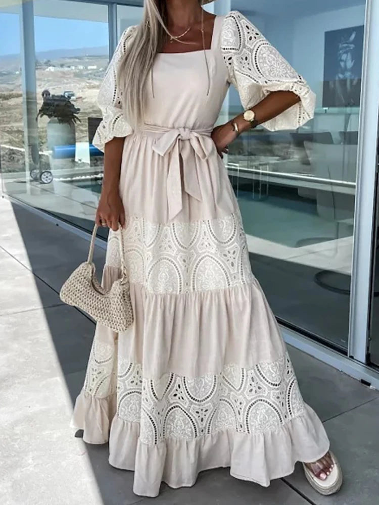 Dresses with Embroidered Birds and Sequined Floral Motifs for Ladies' Nature Inspired and Elegant LookAmy Fashion - Lace Patchwork Loose Casual Beach Square Neck Boho Dress Dresses with Embroidered Birds and Sequined Floral Motifs for Ladies' Nature Inspired and Elegant LookAmy Fashion - Lace Patchwork Loose Casual Beach Square Neck Boho Dress