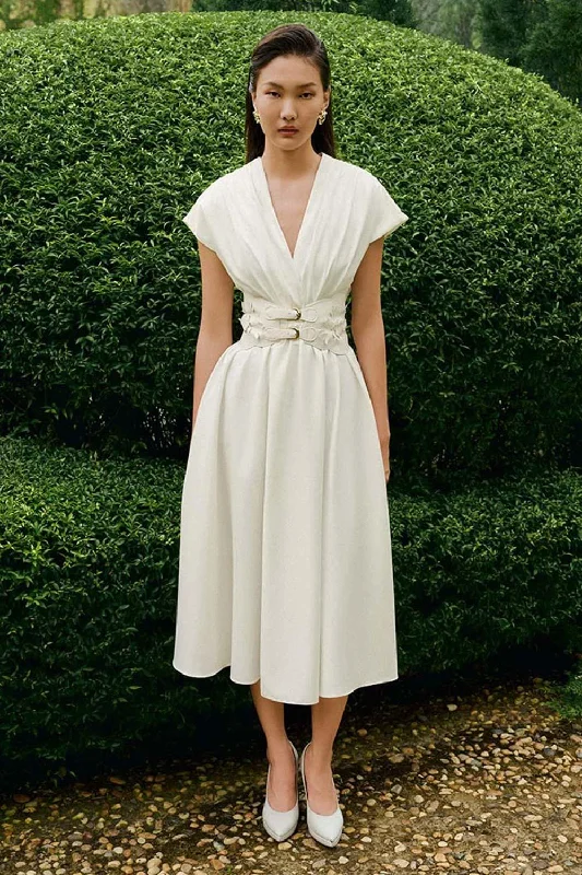 Dresses with Beaded Floral Wreath on the Bodice for Ladies' Delicate and Festive LookLidies Fit and Flare Cap Sleeved Cotton Calf Length Dress Dresses with Beaded Floral Wreath on the Bodice for Ladies' Delicate and Festive LookLidies Fit and Flare Cap Sleeved Cotton Calf Length Dress