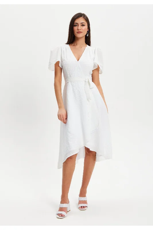 Dresses with Satin and Lace Trimmed Neckline for Ladies' Sophisticated LookLiquorish Checkered White Angel Sleeve Midi Wrap Dress In White