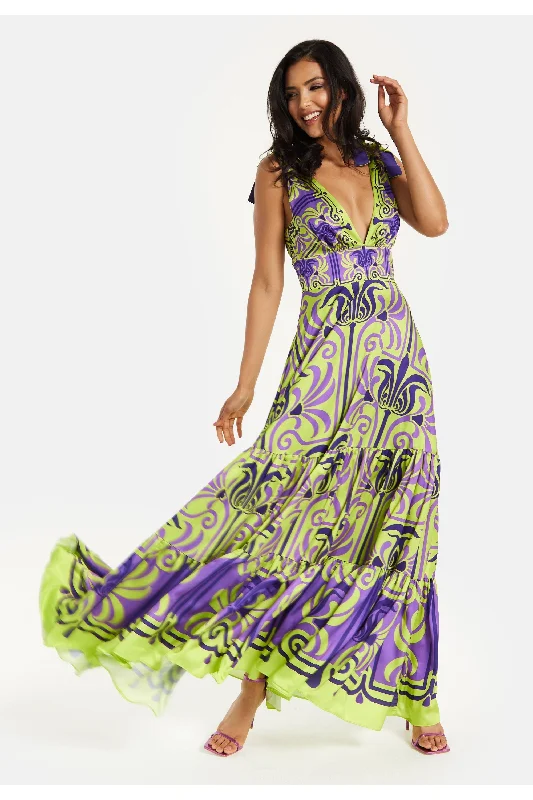 Dresses with Embroidered Party Animals for Ladies' Fun Themed OutfitLiquorish Printed Deep V Neck Maxi Dress