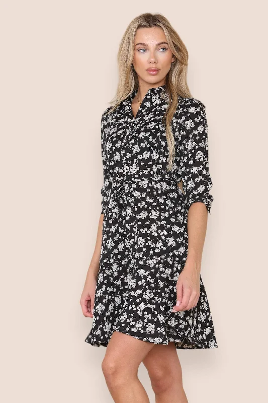 Dresses with Satin Trimmed Collar and Bow Back for Ladies' Classic and Intricate LookLOVE SUNSHINE Black Ditsy Floral Print Frilled Hem Mini Dress