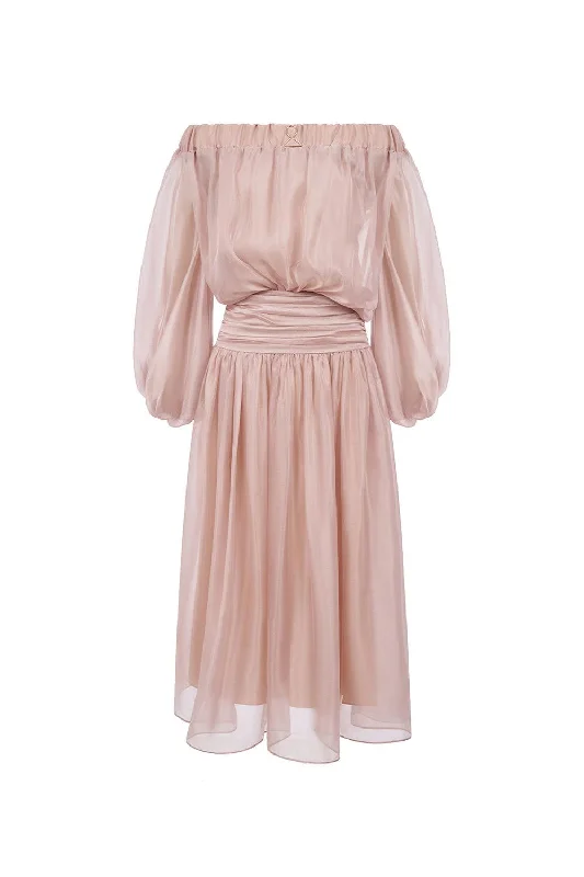 Dresses with Sequined Stripes and Sheer Back for Ladies' Bold and Sexy LookLucent Blouson Off-Shoulder Silk Organza Maxi Dress Dresses with Sequined Stripes and Sheer Back for Ladies' Bold and Sexy LookLucent Blouson Off-Shoulder Silk Organza Maxi Dress