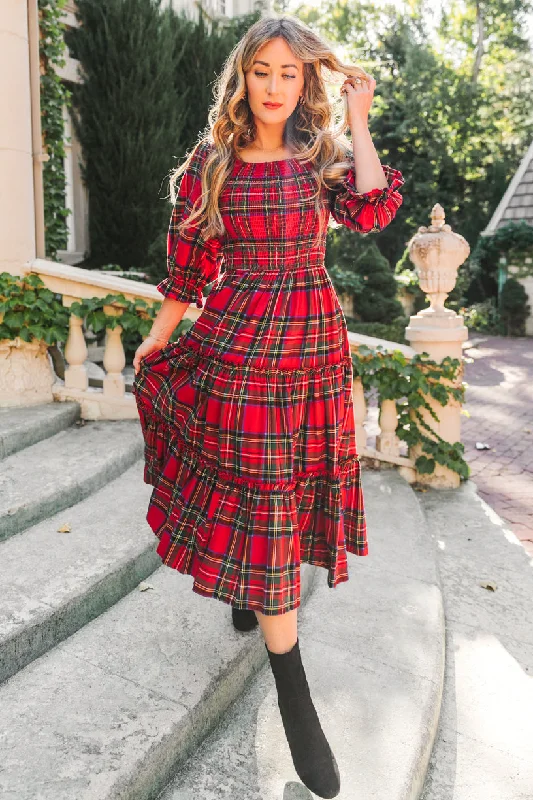 Long Dresses with Side Slit for Ladies' Mobility and StyleMadeline Dress in Holiday Plaid Long Dresses with Side Slit for Ladies' Mobility and StyleMadeline Dress in Holiday Plaid