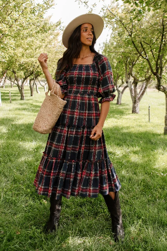 Dresses with Satin Trimmed Collar and Bow Back and Embroidered Skirt for Ladies' Classic and Glamorous LookMadeline Dress in Navy Plaid