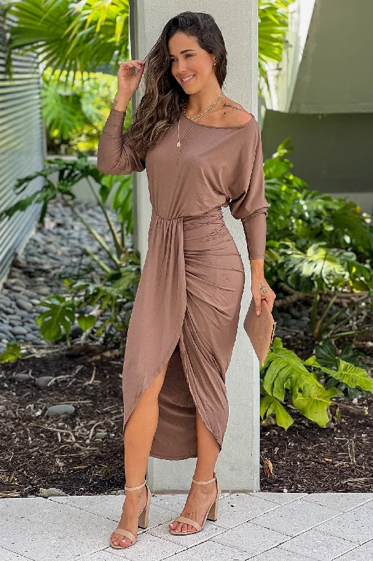 Dresses with Tulle Overlay and Beaded Bodice for Ladies' Dramatic and Graceful LookMocha One Shoulder Ruched Dress Dresses with Tulle Overlay and Beaded Bodice for Ladies' Dramatic and Graceful LookMocha One Shoulder Ruched Dress