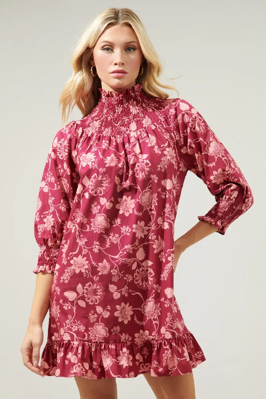 Dresses with Beaded Floral Wreath on the Bodice and High Low Hem for Ladies' Delicate and Dramatic LookMulberry Floral Bossie Smocked Yoke Mini Dress