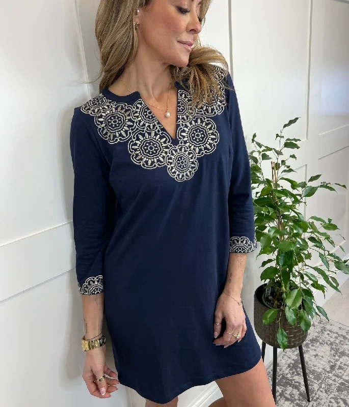 Wrap Style Polyester Dresses for Ladies' Versatile OutfitNavy Embroidered Tunic Dress Wrap Style Polyester Dresses for Ladies' Versatile OutfitNavy Embroidered Tunic Dress