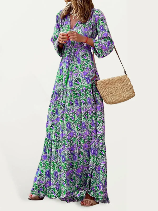 Tube Dresses with Beaded Waistband for Ladies' Simple and Chic StyleNew temperament v-neck bohemian print swing dress Tube Dresses with Beaded Waistband for Ladies' Simple and Chic StyleNew temperament v-neck bohemian print swing dress