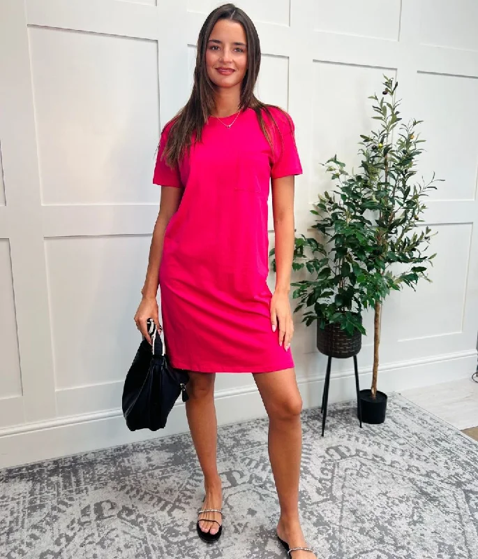 Dresses with Sequined Hearts and Ruffled Hem and Satin and Lace Combo for Ladies' Romantic and Feminine LookPink Single Pocket Mini T Shirt Dress Dresses with Sequined Hearts and Ruffled Hem and Satin and Lace Combo for Ladies' Romantic and Feminine LookPink Single Pocket Mini T Shirt Dress